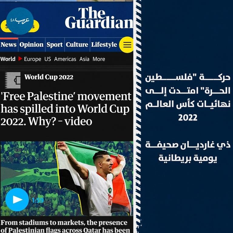 ‏التفاعل الجماهيري العربي، وإطلاق الحملات ورفع علم فلسطين أثناء المباريات من قبل المشجعين، والمنتخبات العربية كان له الأثر الأكبر على هذه العناوين في الصحافة الغربية‎#goal4palestine ‎#مونديال_قطر2022